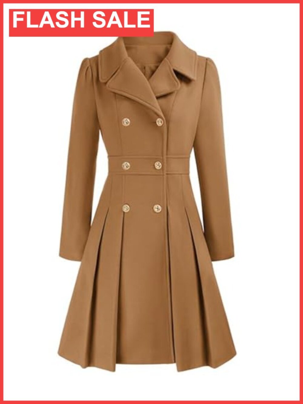 Women's Double Breasted Wool Blend Pea Coat Pleated Flared Midi